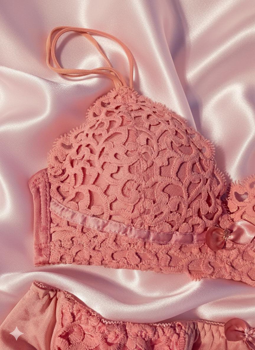 Premium Pink French Style Romantic Lace Lingerie Set