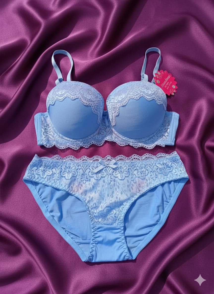Beautiful Blue Single Padded Boxy Bra & Panty Set