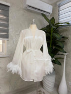 2-Piece Bridal Satin Sleepwear Set with Feather Sleeves