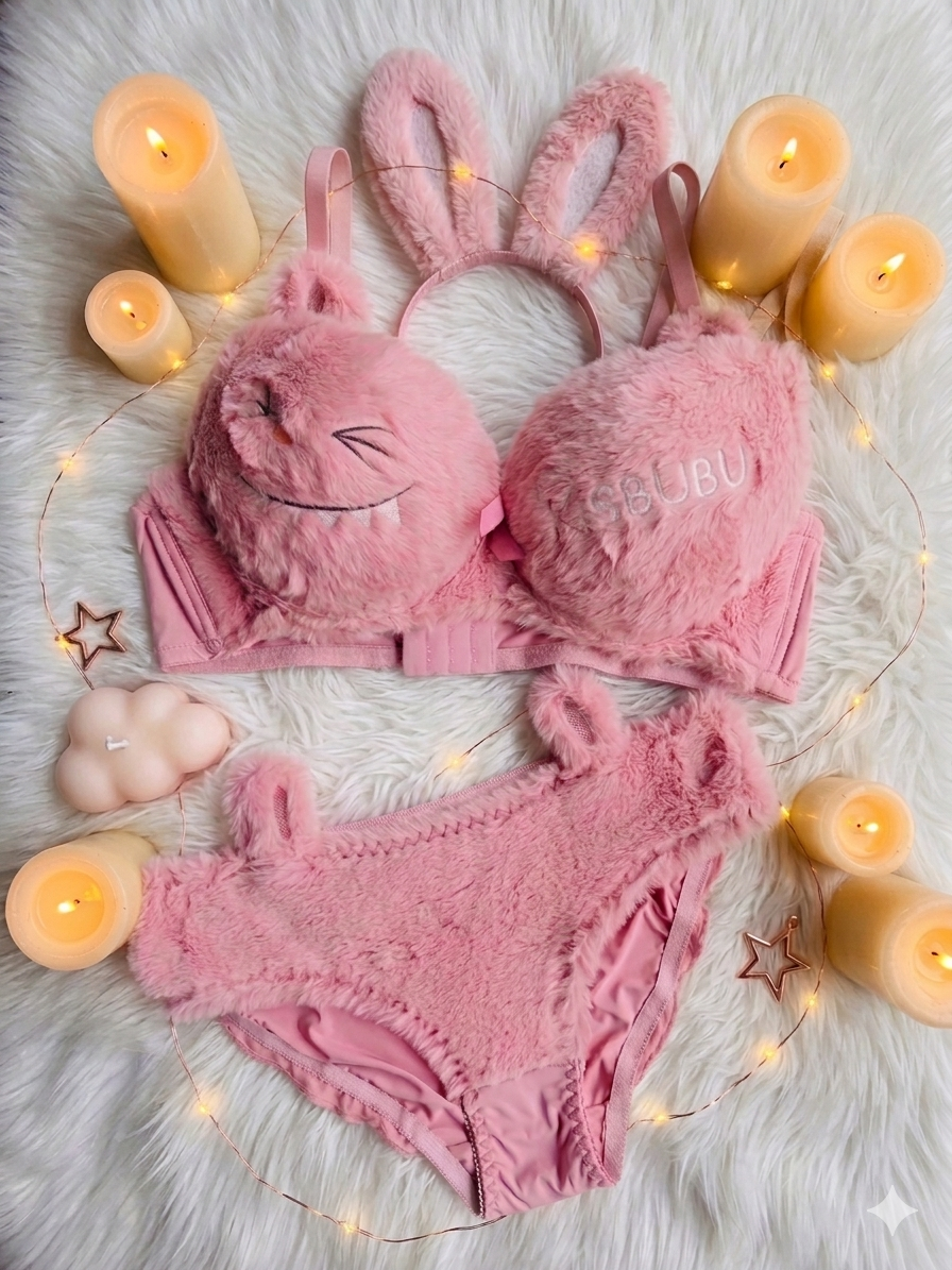 Trendy Fluffy Bunny Bra Panty Set