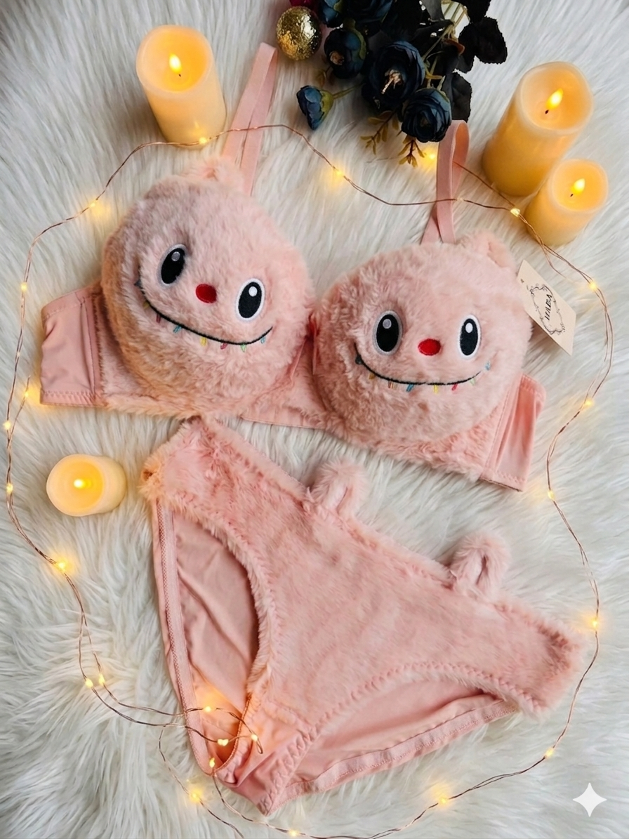 Trendy Fluffy Labubu Bra Panty Set