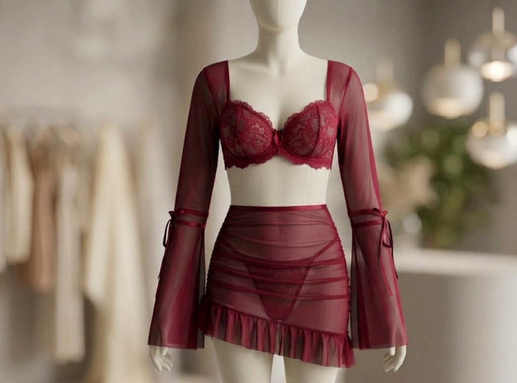 3 Pcs Lace Ruffle Long Sleeve Underwire Camisole+Thong set