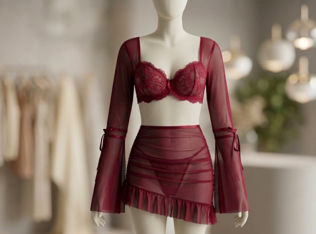 3 Pcs Lace Ruffle Long Sleeve Underwire Camisole+Thong set