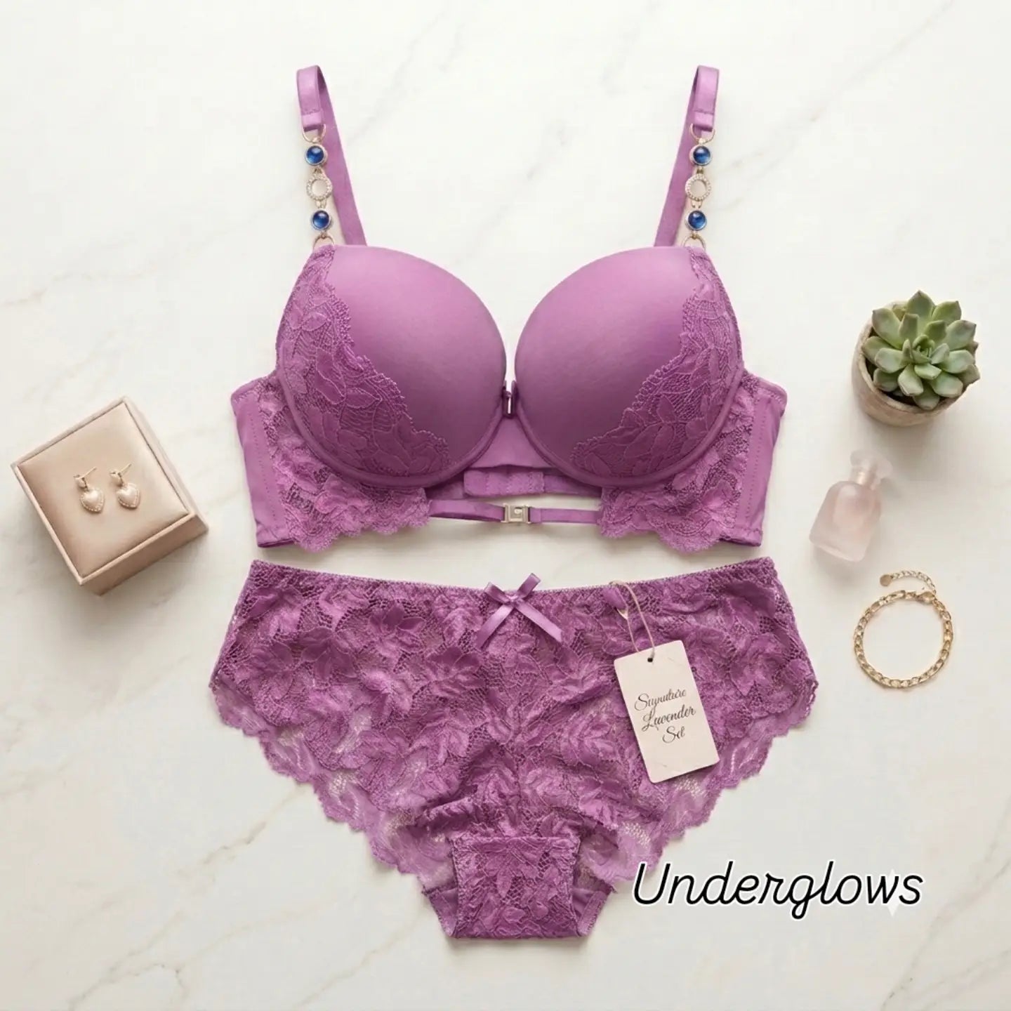 Luxury wear lacy + beaded strap bra and panty set