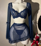 3 Pcs Lace Ruffle Long Sleeve Underwire Camisole+Thong set
