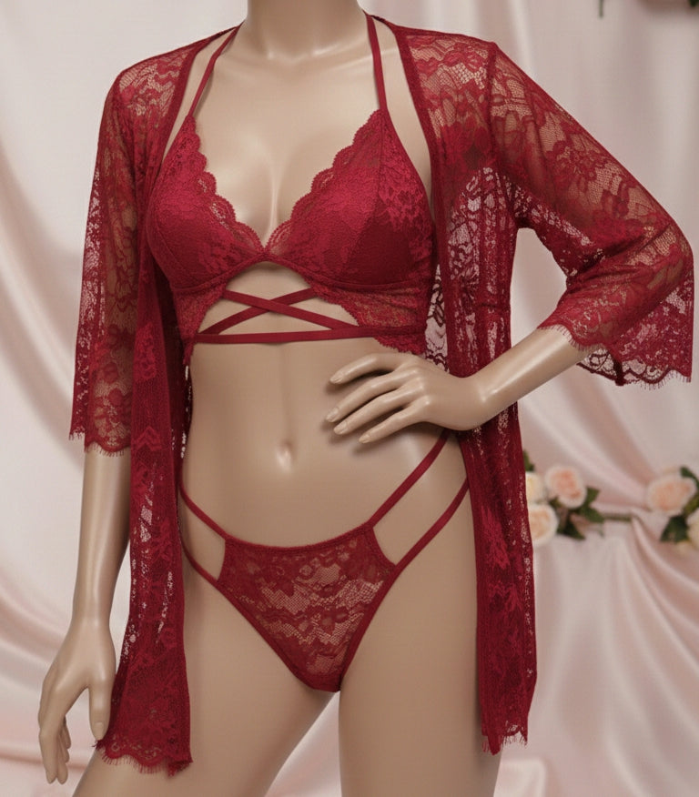 3Pcs Fancy Net Lingerie Nightgown Eroctic Robe