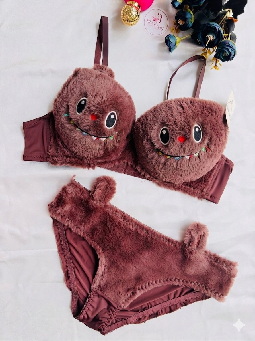 Trendy Fluffy Labubu Bra Panty Set