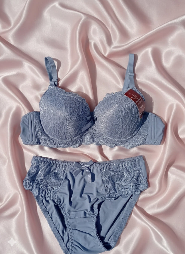 Sky Blue Bridal Wired Lacy Padded Lingerie Set
