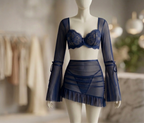 3 Pcs Lace Ruffle Long Sleeve Underwire Camisole+Thong set