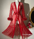 Heart Print Long Mesh Robe with Fur Cuffs  bridal rob