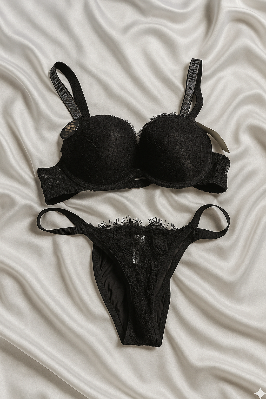 Black Victoria Secret Soft Net Wired Pushup Bra & Panty Set