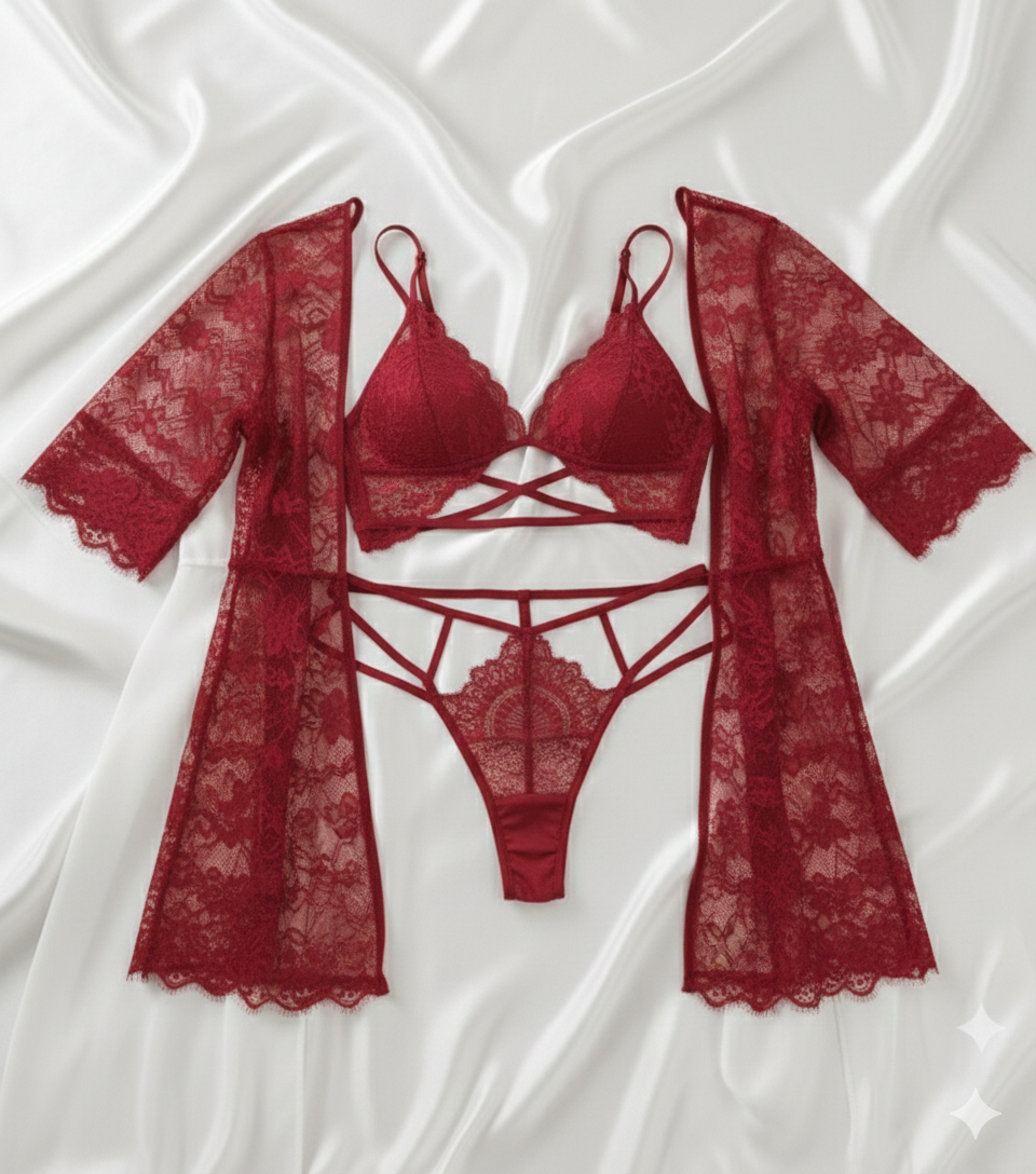 3Pcs Fancy Net Lingerie Nightgown Eroctic Robe