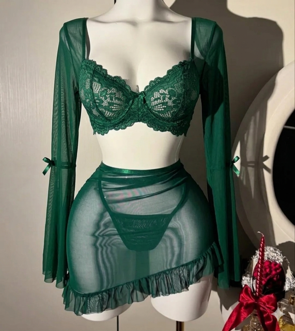 3 Pcs Lace Ruffle Long Sleeve Underwire Camisole+Thong set