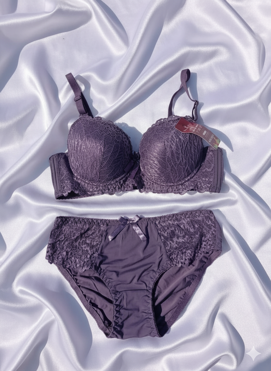 Purple Bridal Wired Lacy Padded Lingerie Set