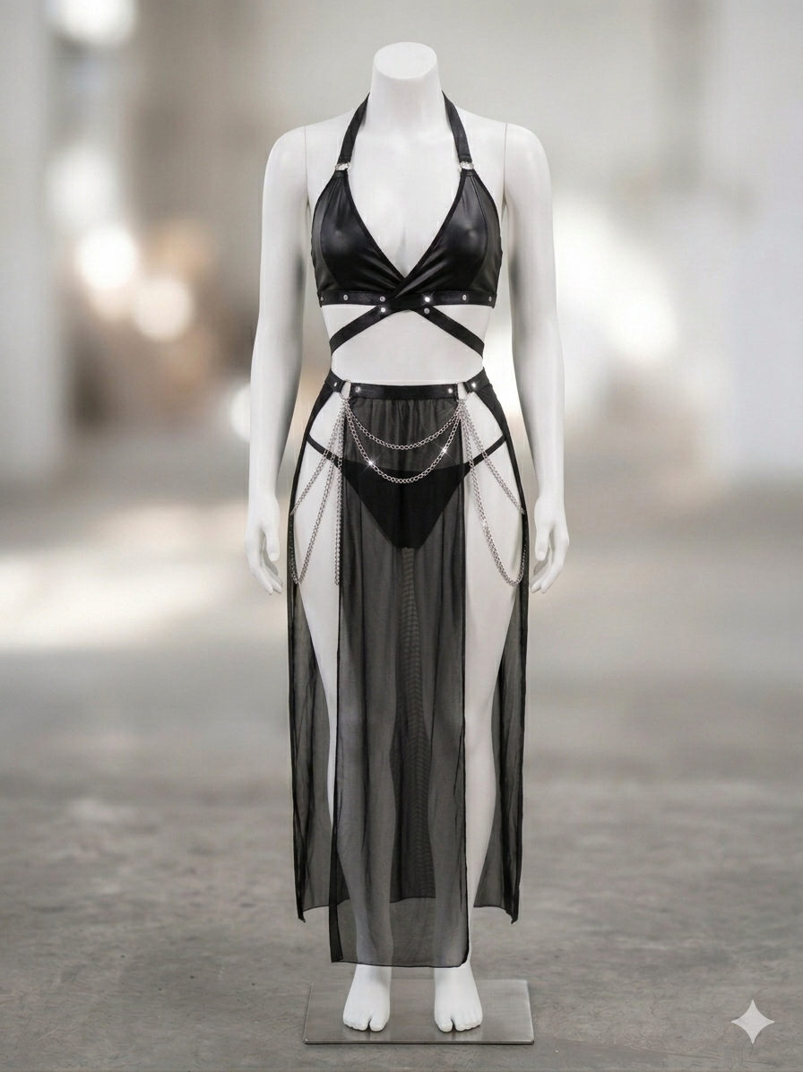 Criss cross Elastic Strap with leather bra  lingerie Set