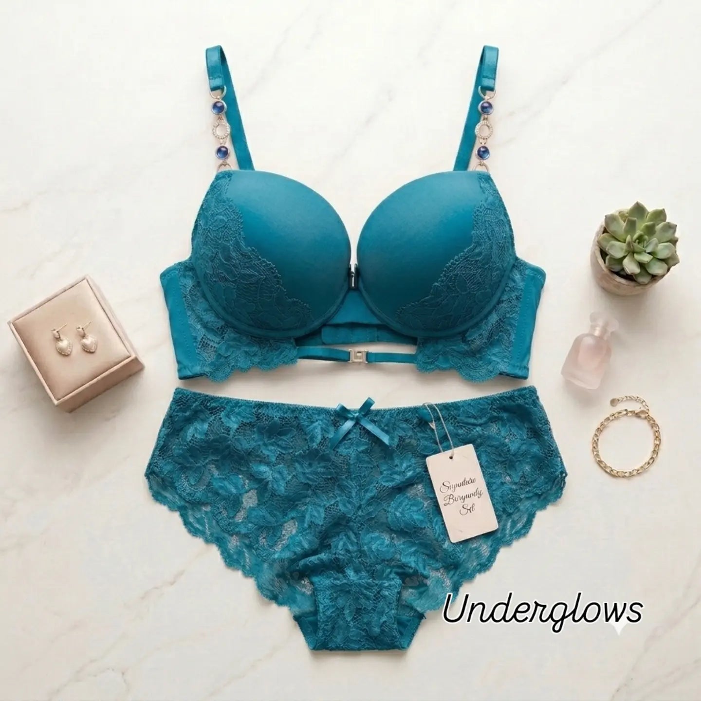 Luxury wear lacy + beaded strap bra and panty set