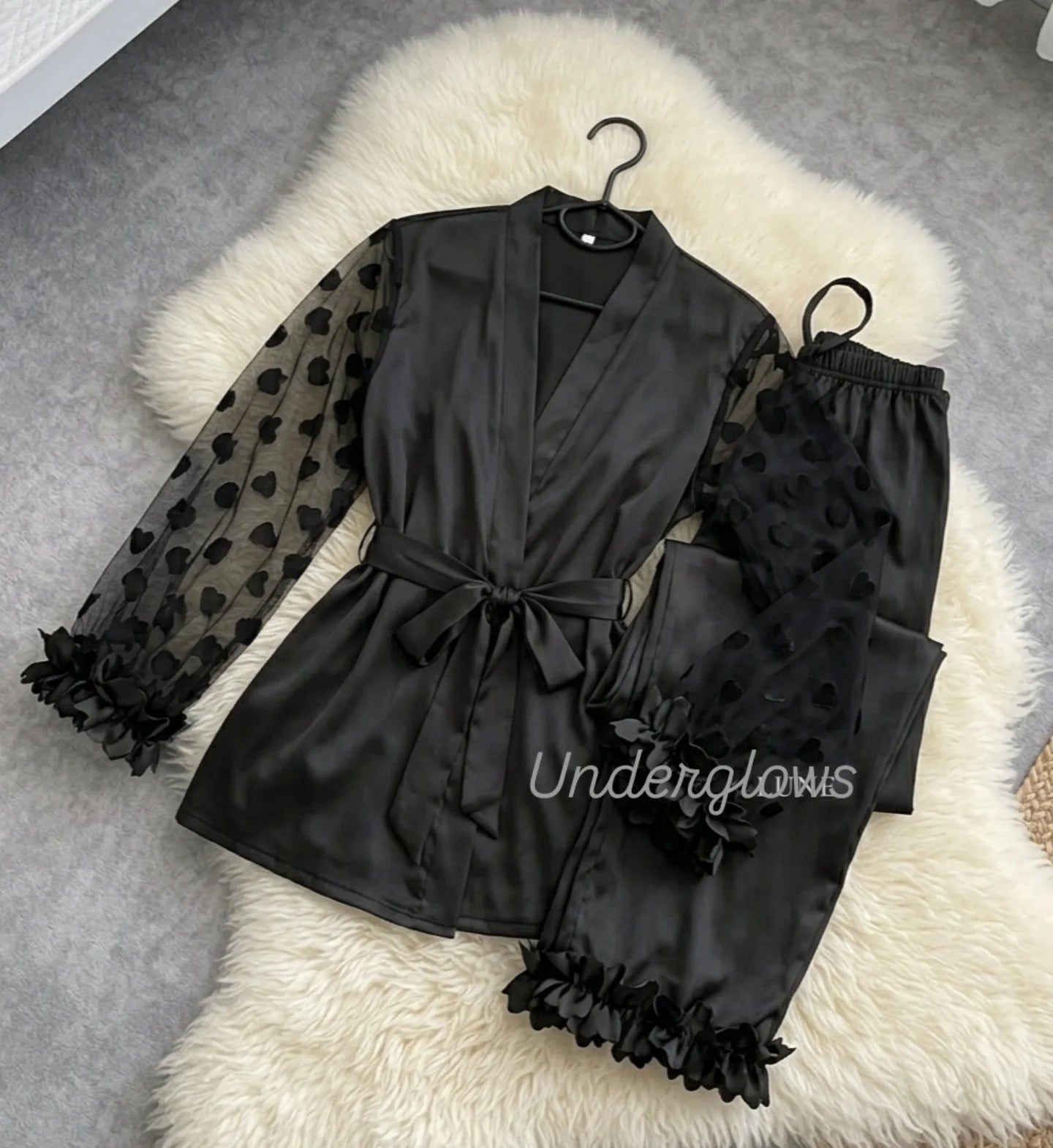 Petal trim heart jacquard contrast mesh satin lingrie set