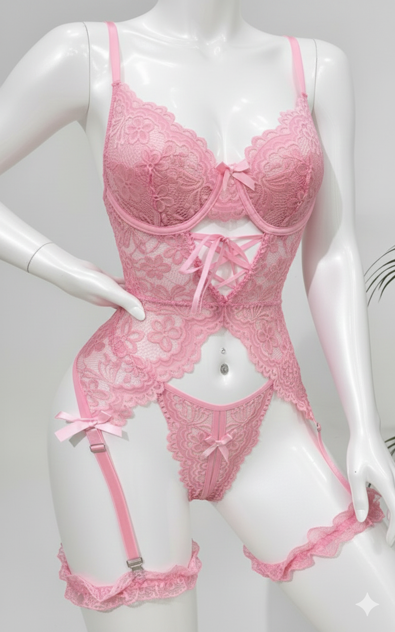 Crisscross Lace Garter belt With Corset sheer Lingerie set