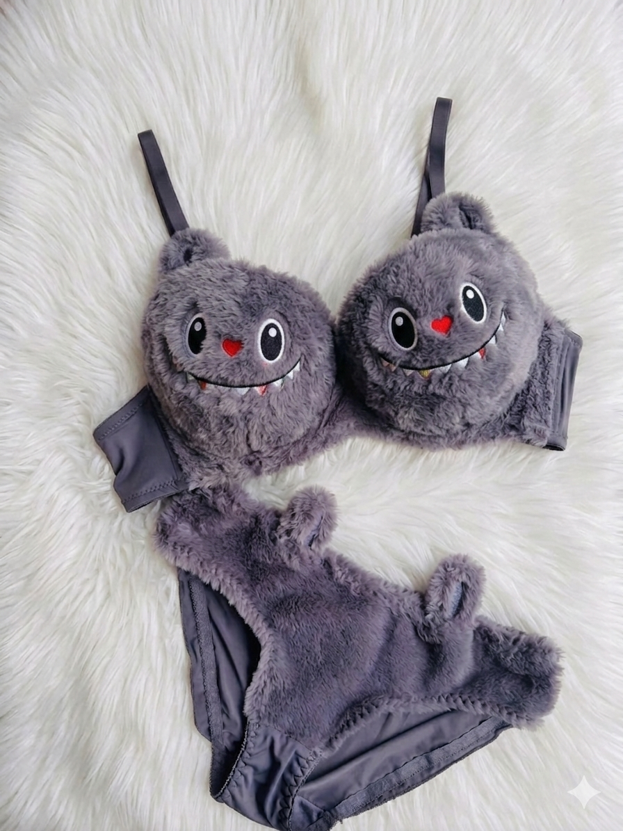 Trendy Fluffy Labubu Bra Panty Set