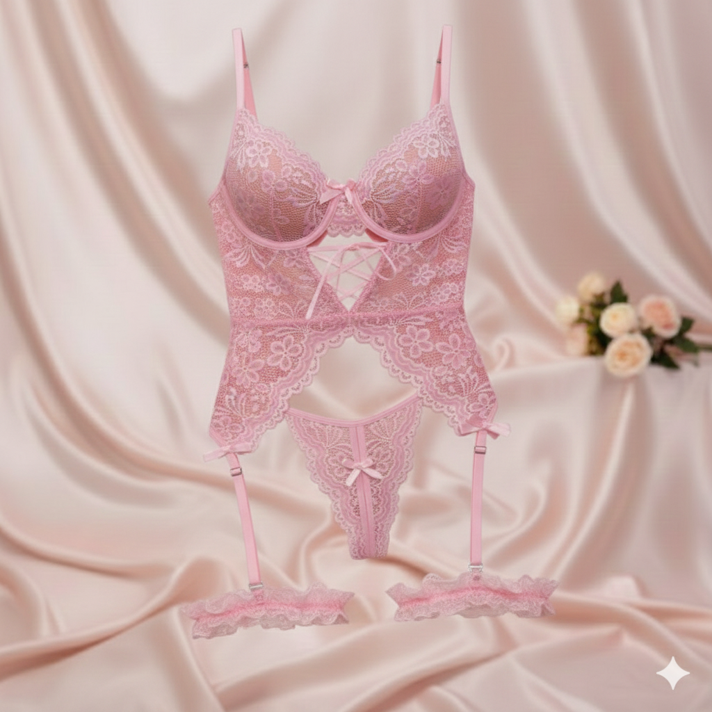 Crisscross Lace Garter belt With Corset sheer Lingerie set