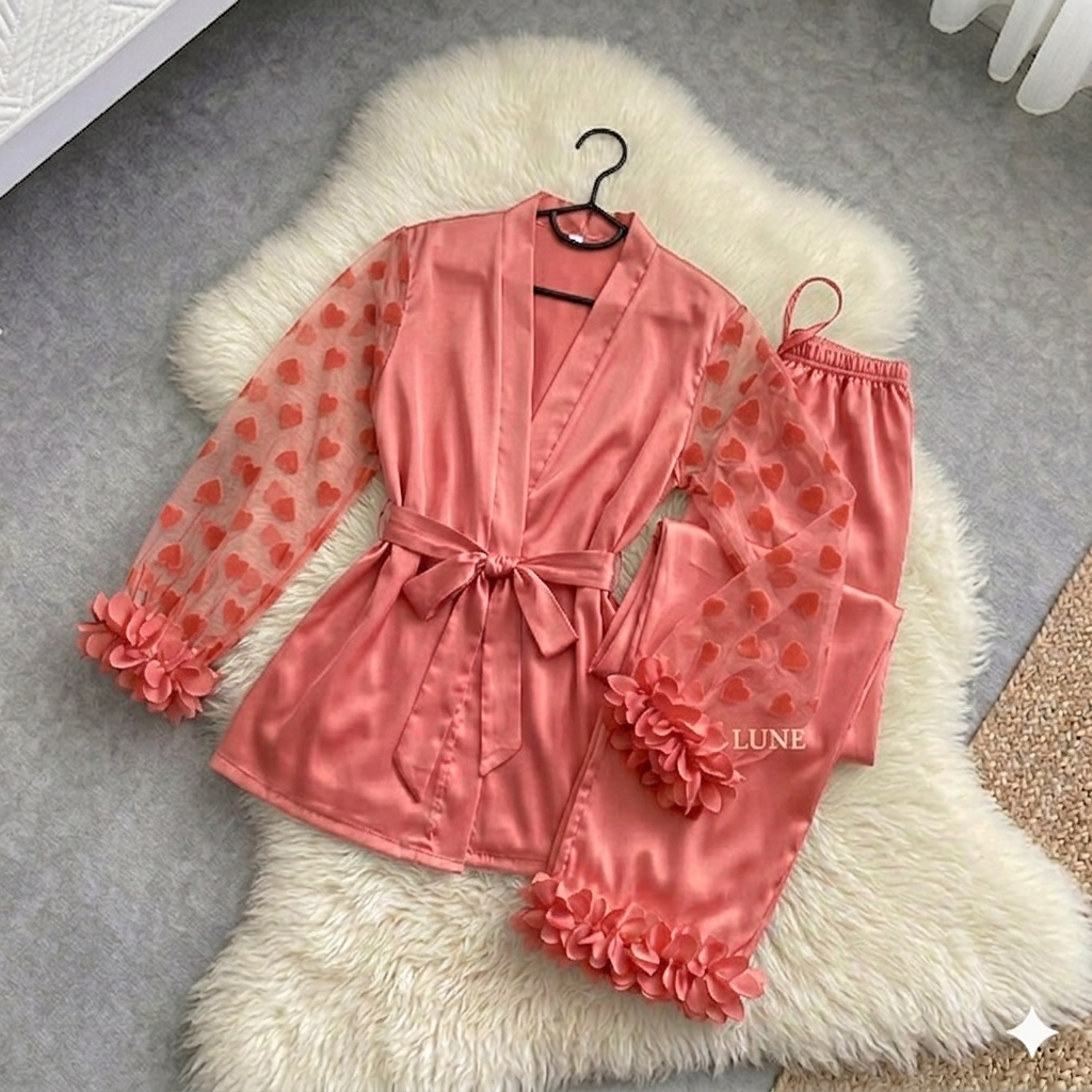 Petal trim heart jacquard contrast mesh satin Pjs set