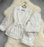 Petal trim heart jacquard contrast mesh satin lingrie set