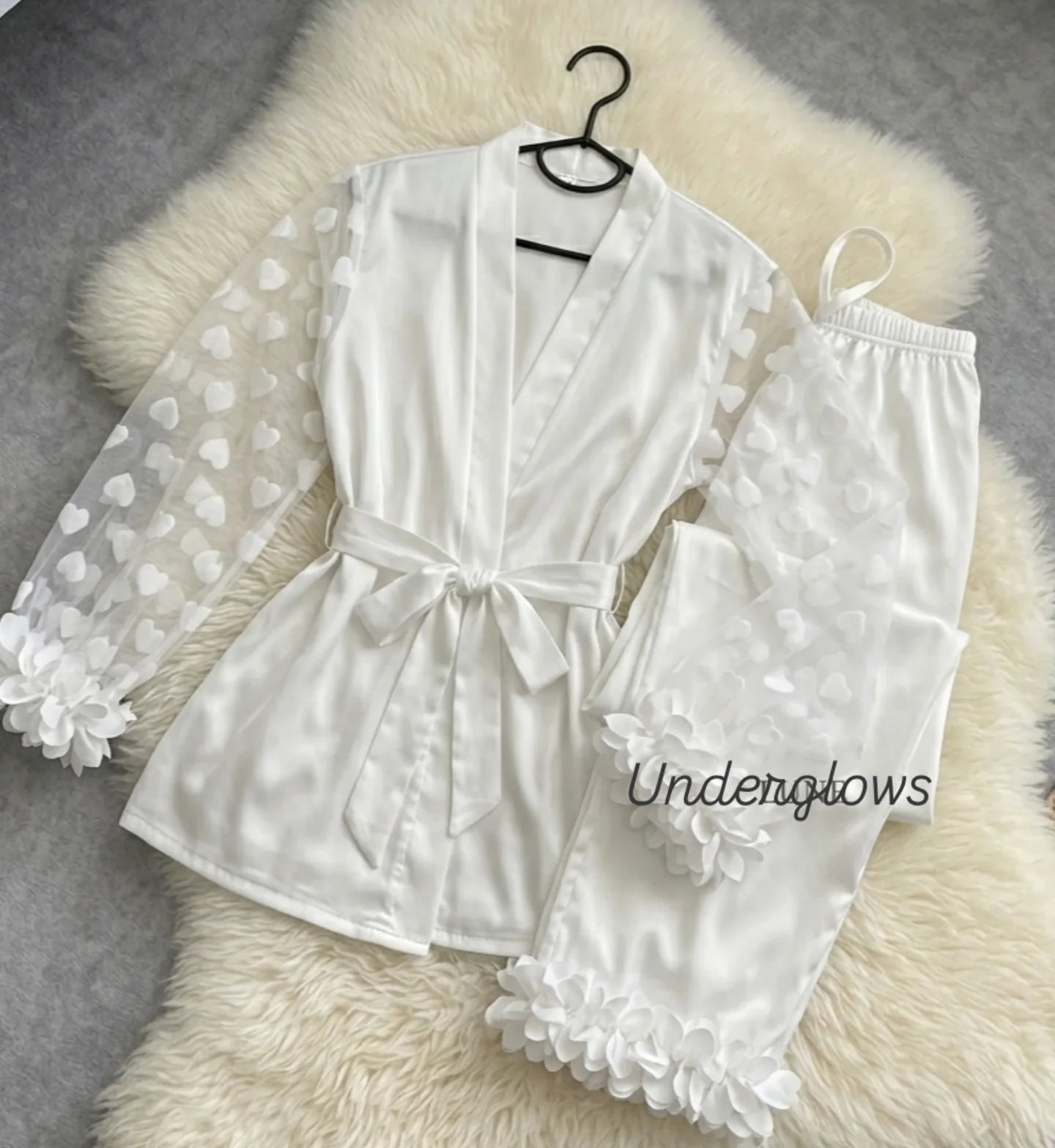 Petal trim heart jacquard contrast mesh satin lingrie set
