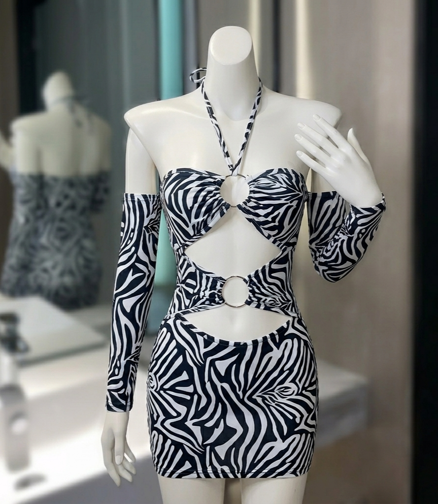 Halter Zebra Print Cutout Drawstring Mini Sheath Dress + Arm Sleeves