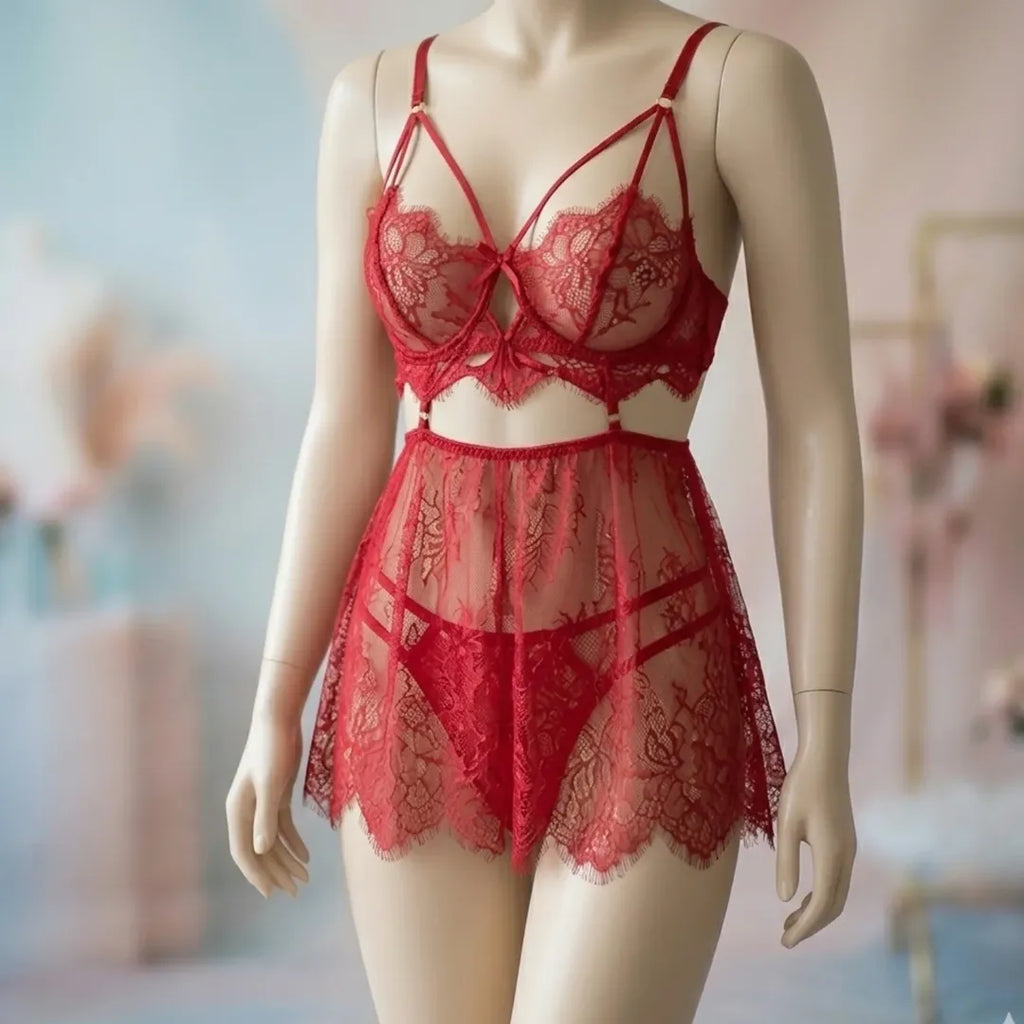 2 pc Mesh net style lingerie set with double strap panty