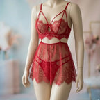 2 pc Mesh net style lingerie set with double strap panty