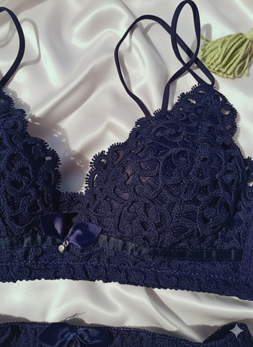 Premium Blue French Style Romantic Lace Lingerie Set
