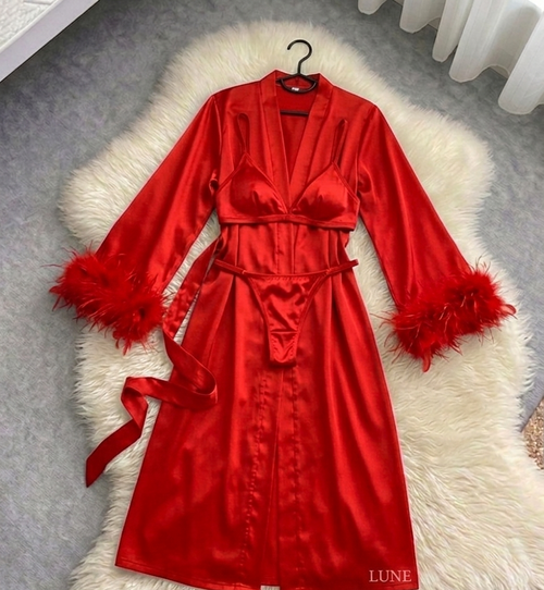 Bridal Feather Robe with Sleeves+ bra and panty