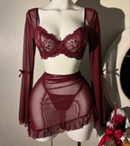 3 Pcs Lace Ruffle Long Sleeve Underwire Camisole+Thong set