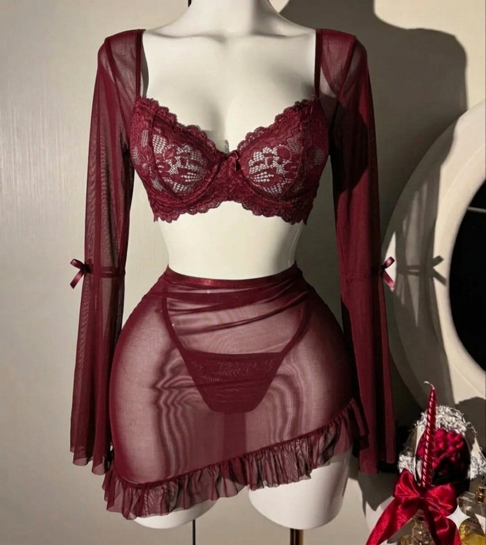 3 Pcs Lace Ruffle Long Sleeve Underwire Camisole+Thong set