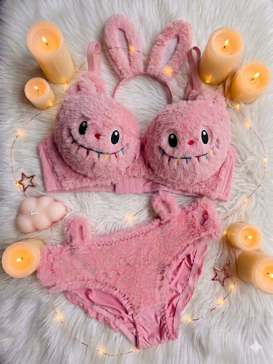 Trendy Fluffy Labubu Bra Panty Set