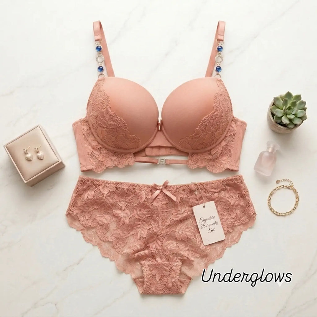 Luxury wear lacy + beaded strap bra and panty set
