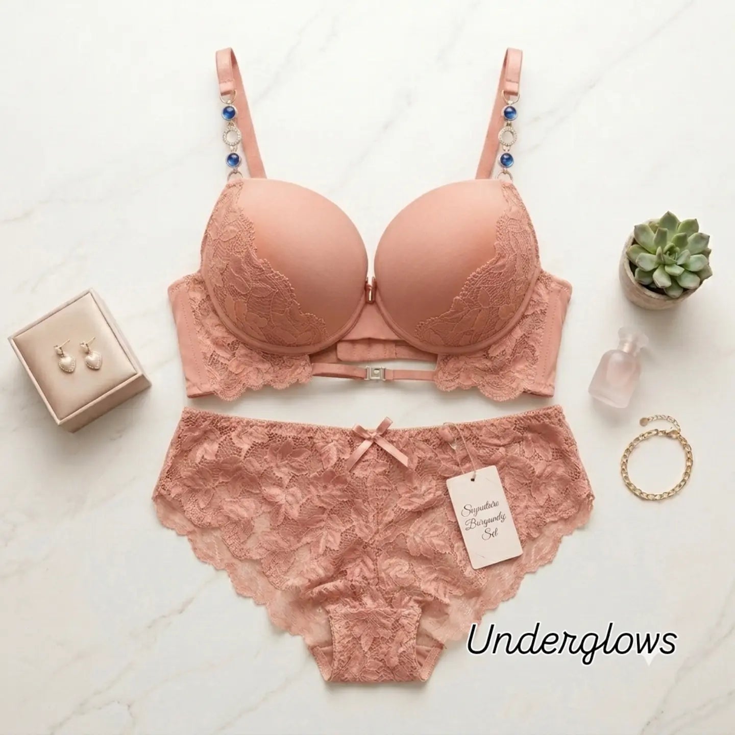 Luxury wear lacy + beaded strap bra and panty set