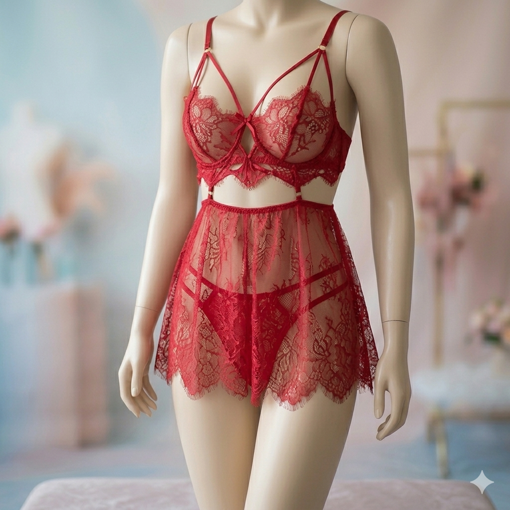 2 pc Mesh net style lingerie set with double strap panty