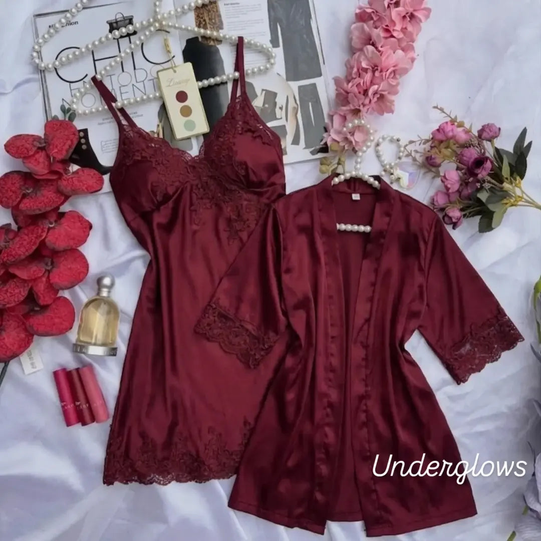 Elegant Burgundy Satin & Lace 2-Piece Sleepwear Set
