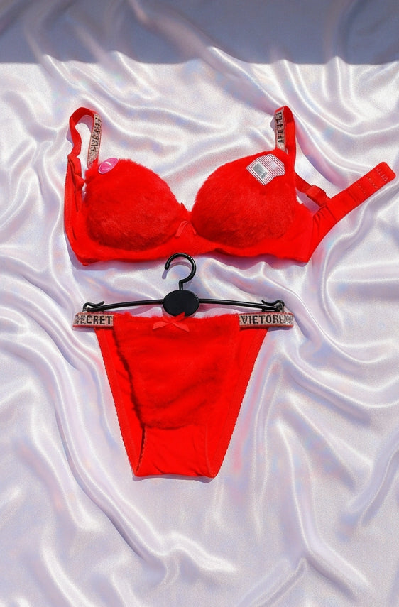 Red Victoria Secret Dreamy Fluffy Bra & Panty Set