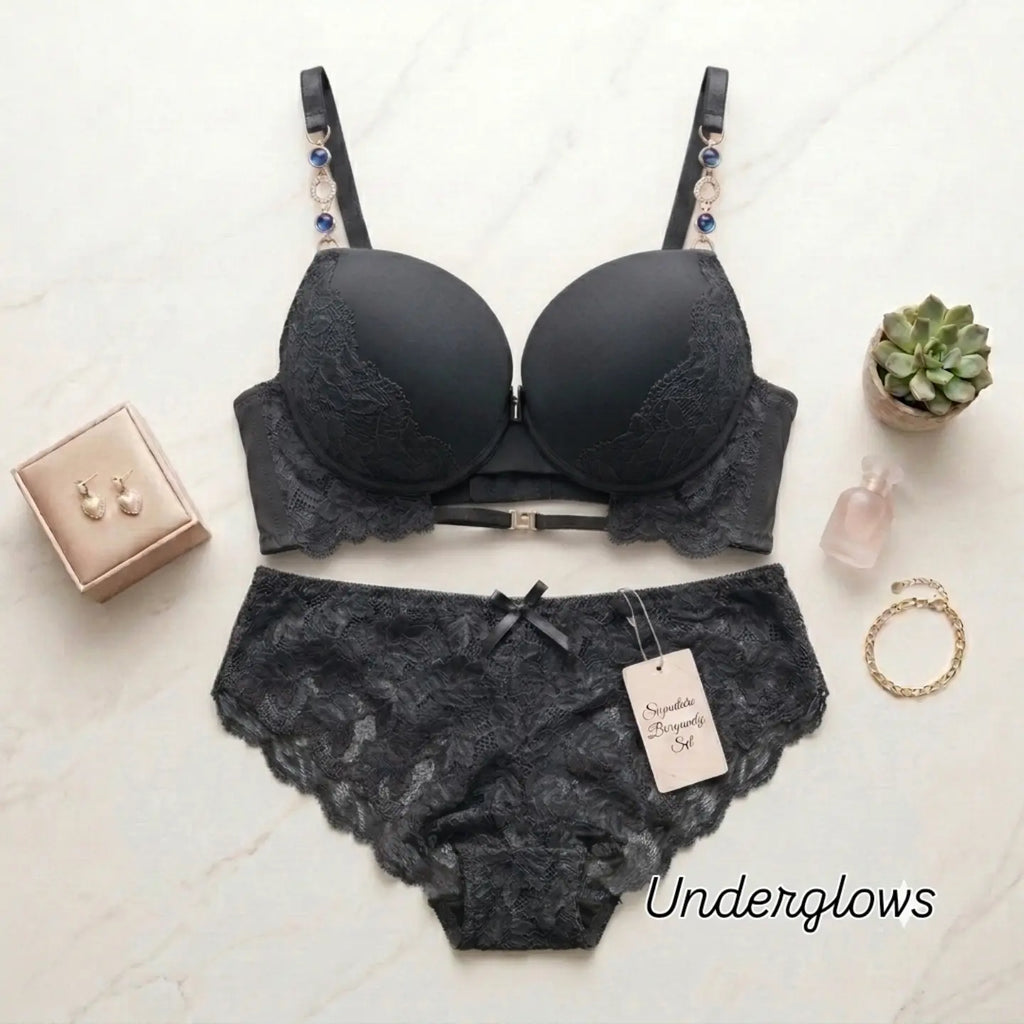 Luxury wear lacy + beaded strap bra and panty set