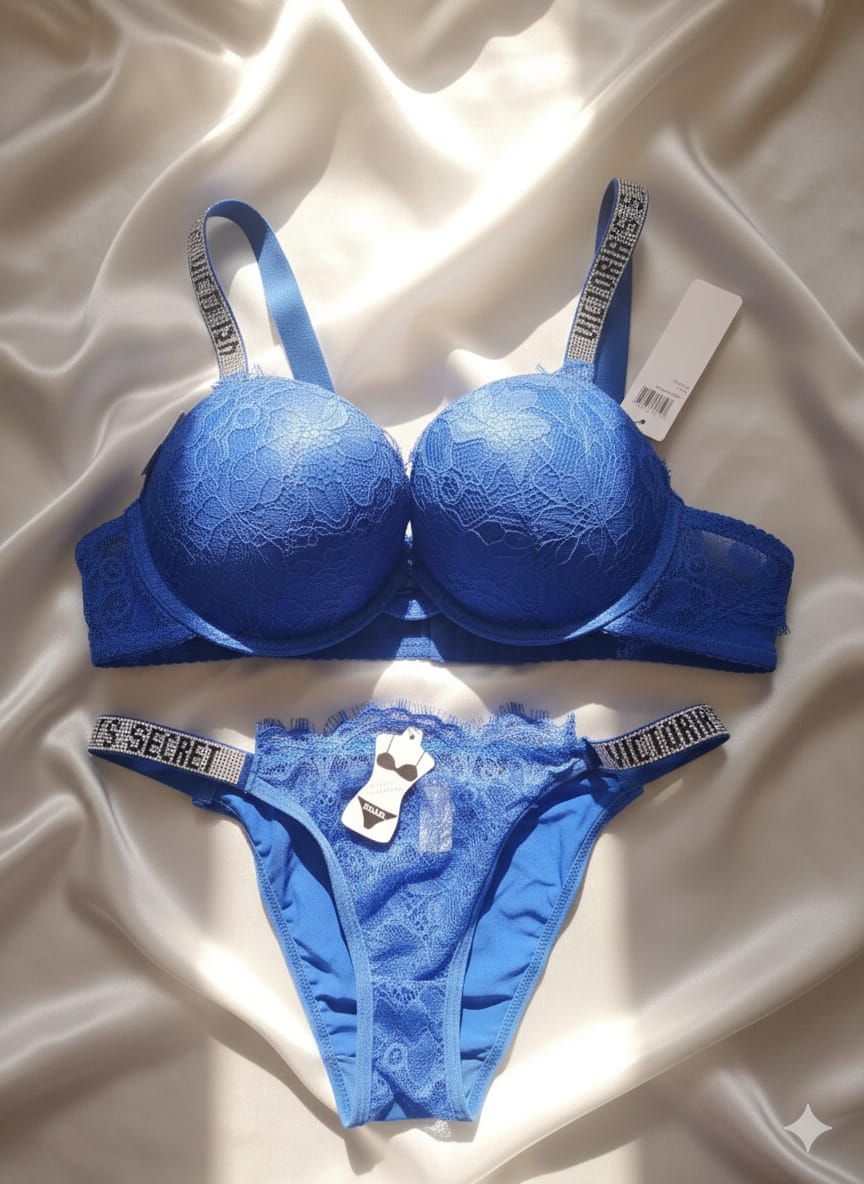 Blue Victoria Secret Soft Net Wired Pushup Bra & Panty Set