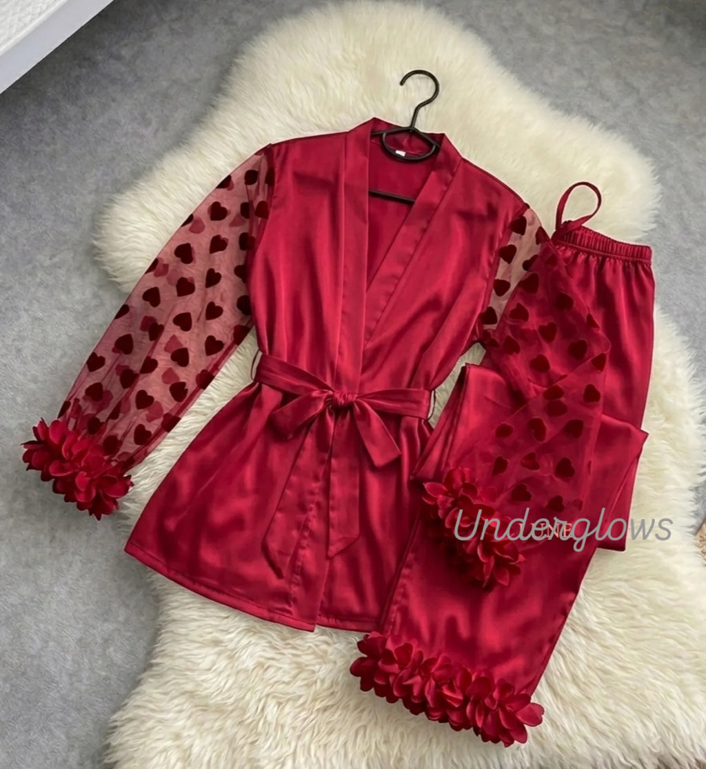 Petal trim heart jacquard contrast mesh satin lingrie set