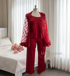 Petal trim heart jacquard contrast mesh satin lingrie set