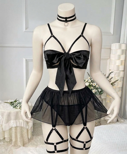 Front open Bow and skirt  with garter set