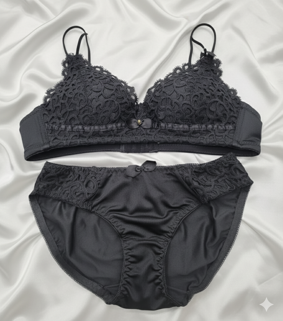 Premium Black French Style Romantic Lace Lingerie Set